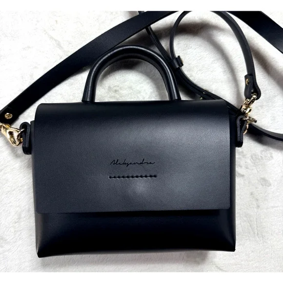 Przywara-Strzalka Black Leather Minimalist Crossbody Flap Bag Handmade NWOT