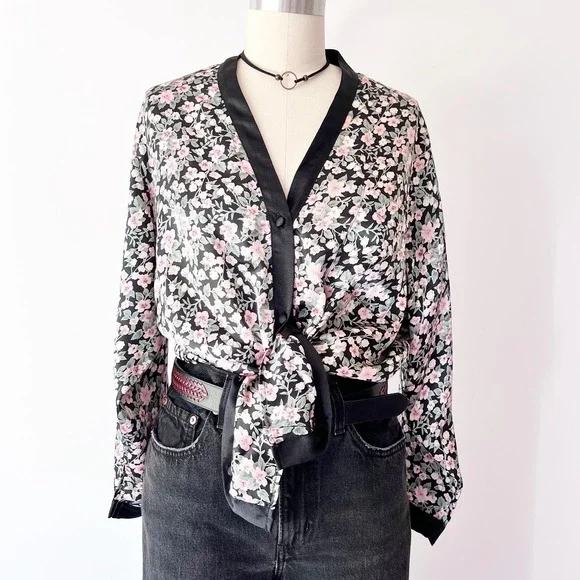 Vintage Black‎ Floral Satin Pajama Top Blouse