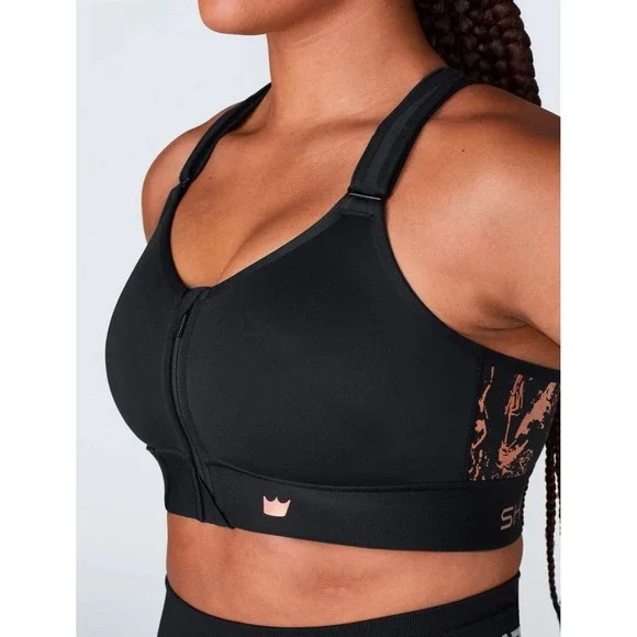 SHEFIT‎ Flex Black Sports Bra Front Zip High Impact Marble Rose Gold Sz 4Luxe