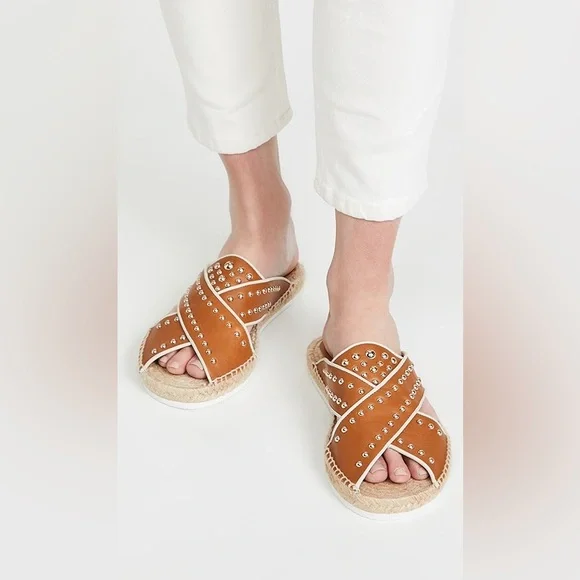 See By Chloé Pia Studded Crisscross Leather Espadrille Slides in Tan