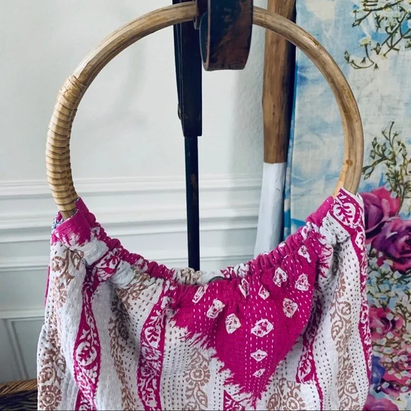SARI-BARI BOHO PATCHWORK BEACH TOTE BAG BRUSHED COTTON OVERSIZED BAMBOO HANDLE