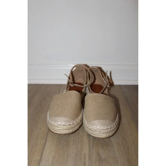 Alexis Leroy Tan Linen Espadrille Flats Ankle Strap Boho Shoes Womens 39