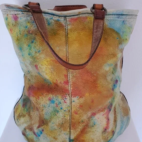 Lucky leather rainbow cowgirl hippie XL tote dyed orange blue green yellow red