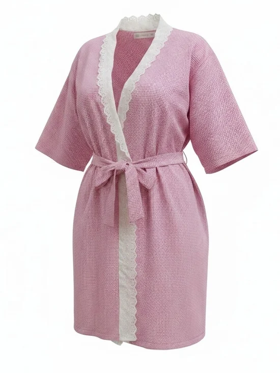 EILEEN WEST | Coquette Pink Seersucker Gingham Plaid Lace Trim Belted Robe | L