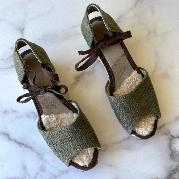 UGG Delmar Green Jute Espadrille Tie Ankle Wedge Sandals Sz 9