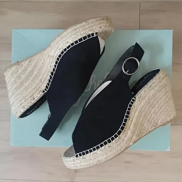 Seychelles Promenade Peep Toe Espadrille Wedges Black Suede 7 NIB