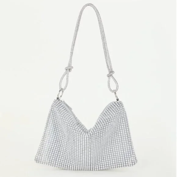 Rhinestone Bag With Zipper Silver