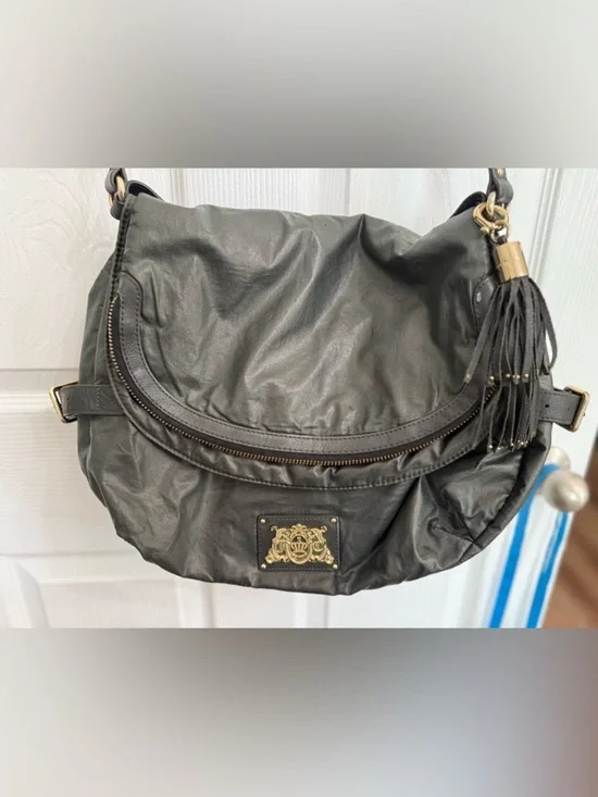 Juicy Couture Dark Olive Green Slouchy Hobo Bag Gold Crest Tassel Y2K Boho