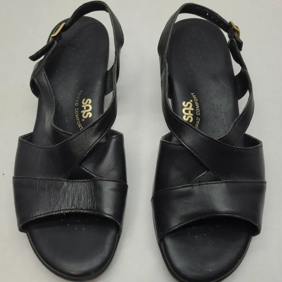 SAS Women’s Caress Sandals Size‎ 9M Black Leather Wedge Heel Tripad Comfort