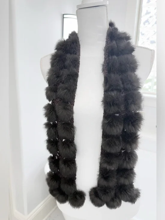 Rabbit Fur Pom Pom Scarf Wrap Chocolate Brown Vintage Preston And York