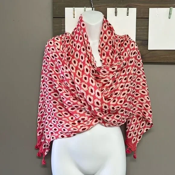 Kate Spade New York Pink Cream Red Viscose Abstract Fashion Scarf 2017 83”, 22”