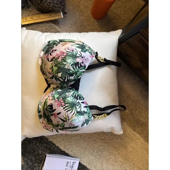 Victorias Secret 34D Pushup Bra Padded Pink Black Floral
