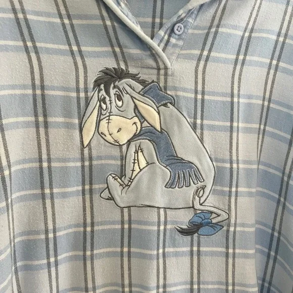 Disney Store Nightgown Womens M Blue Plaid Eeyore Cotton Flannel Sleepwear Y2K