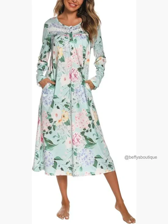 Soft Cotton Long Sleeve Nightgown with Pockets Full Length