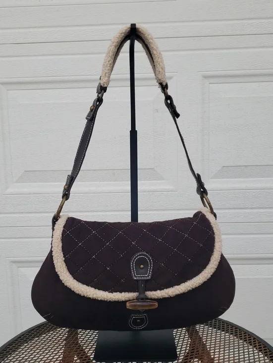Old Navy Faux Leather Suede Sherpa Quilted Toggle Hobo Bag Y2K Brown Coquette