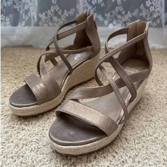 Eileen‎ Fisher Wanda Metallic Leather Espadrille Wedge Sandals - Size 6.5