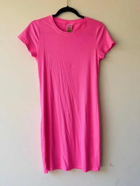 PINK Victoria's Secret Ribbed Crew Neck Dress Tee in Hot Pink