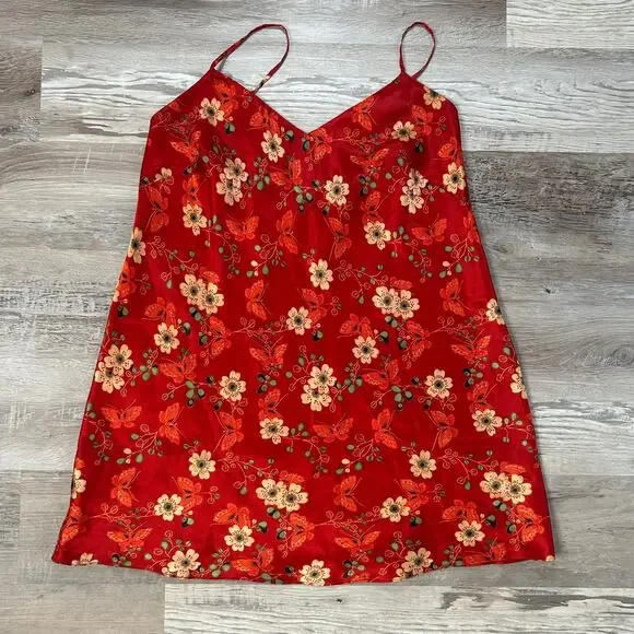 Vintage Y2K August Silk Red Floral Satin Slip Dress Butterfly Print Lingerie S