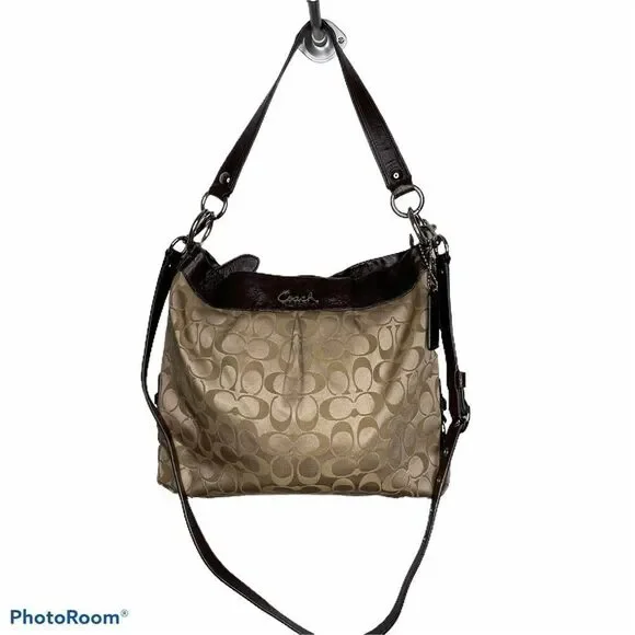 Coach Ashley Sateen Signature C Hobo Crossbody Bag Purse Brown Tan Hippie