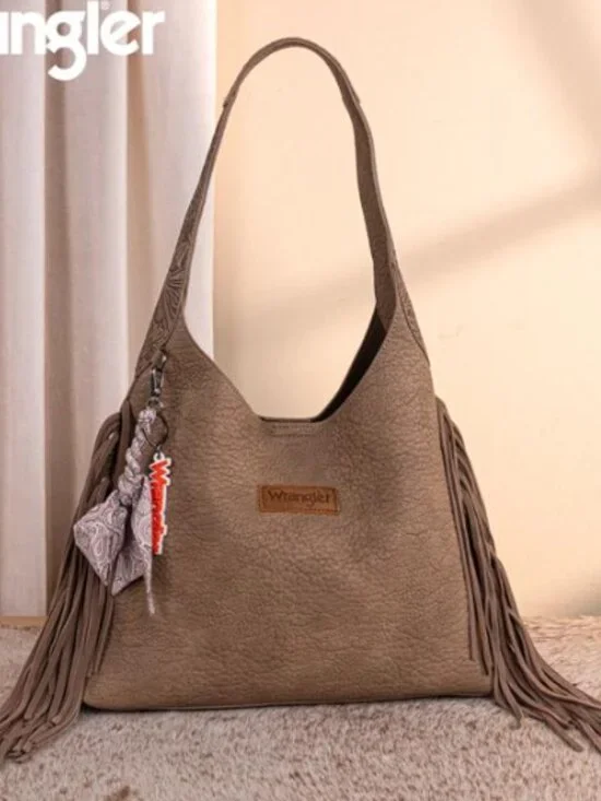 Wrangler Fringe Tooled Western Hobo Purse Khaki NWT