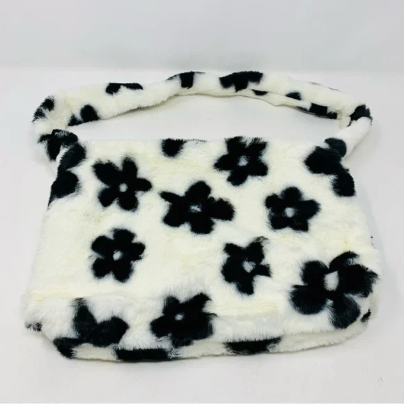 White With Black Flowers Faux Fur Hobo Bag