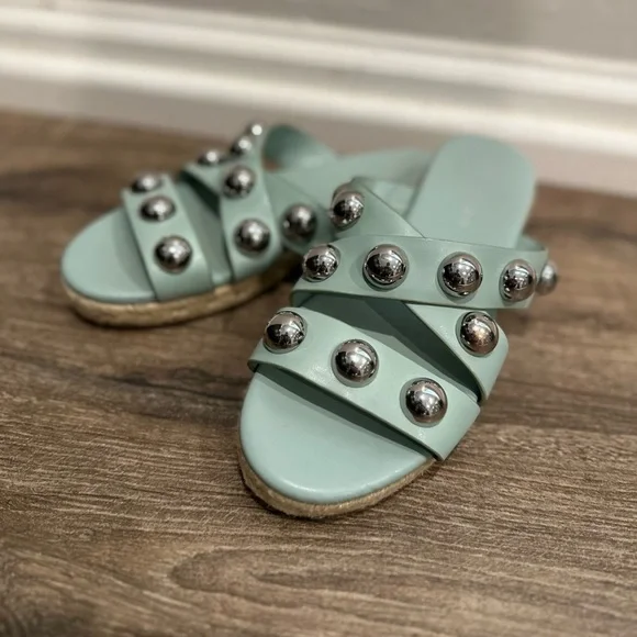 Marc Fisher Prisca Ball Studded Sandals Green Faux Leather