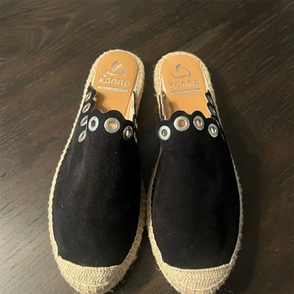 Kanna Women's‎ Black Suede Espadrille Mules with Eyelets Made in Spain sz6 EU 37