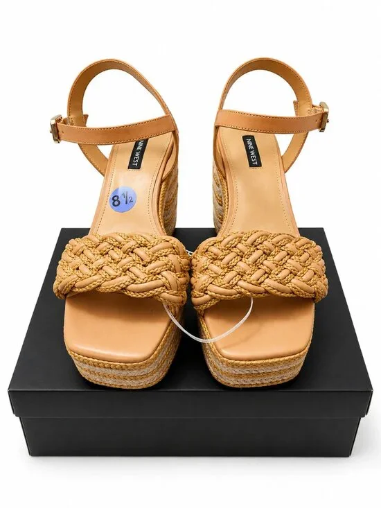 Nine West Same Tan Braided Platform Espadrille Block Heel Sandals 8.5M