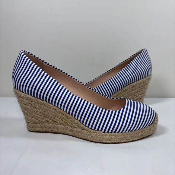 J.Crew Seville Espadrille Wedges Blue White Stripe 8 Jute Platform Coastal Heels