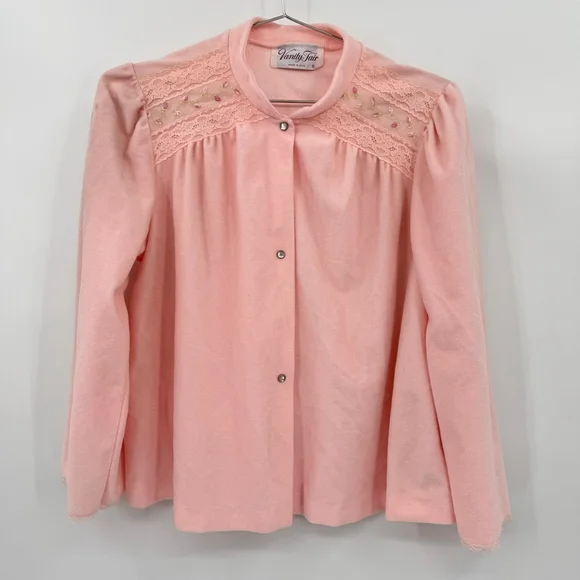 Vintage 80s Pajama Cardigan Vanity Fair Pink Polyester Loungewear Made in USA
