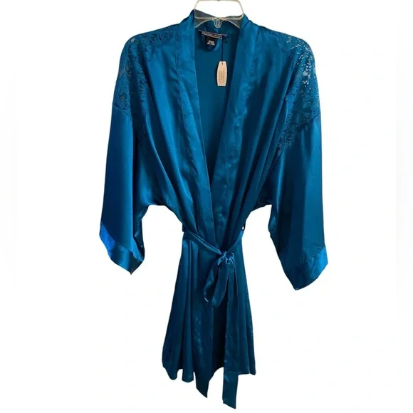 Victoria's Secret Teal Satin Lace-Trim Kimono Robe NWT