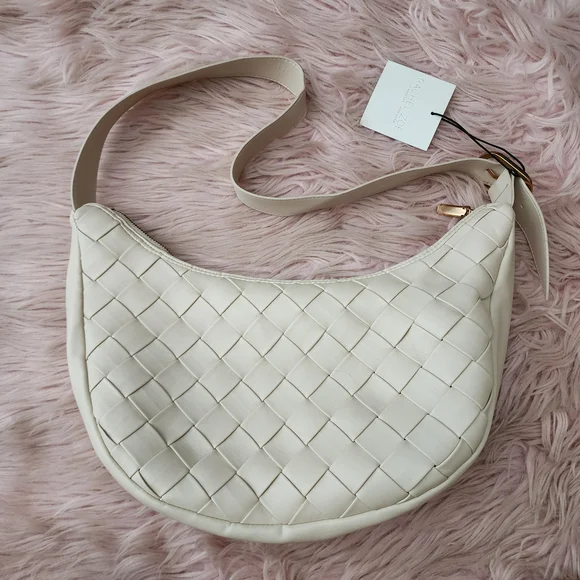 Rachel Zoe Cream Crescent Faux Leather Woven Hobo Crossbody Shoulder Bag