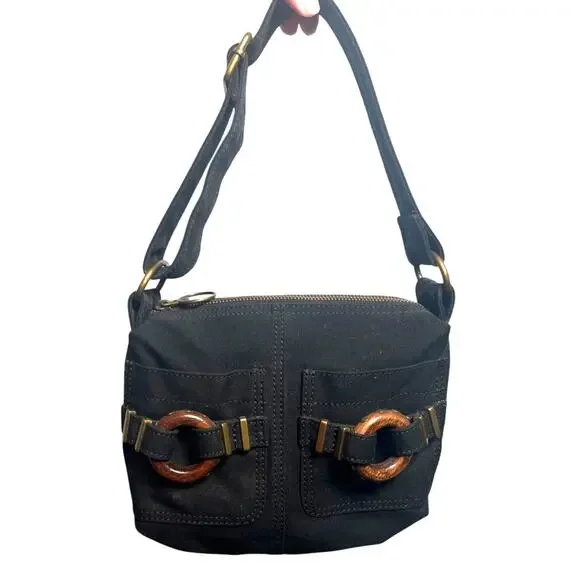 Vintage Y2K Gap Shoulder Hobo Bag Black Canvas Wide Strap Brass Wood Trim EUC