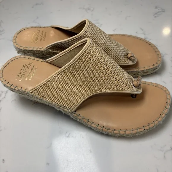 Andre Assous Sandals 41 US 10 ‎ Raffia Leather Thong Espadrille Wedge Spain