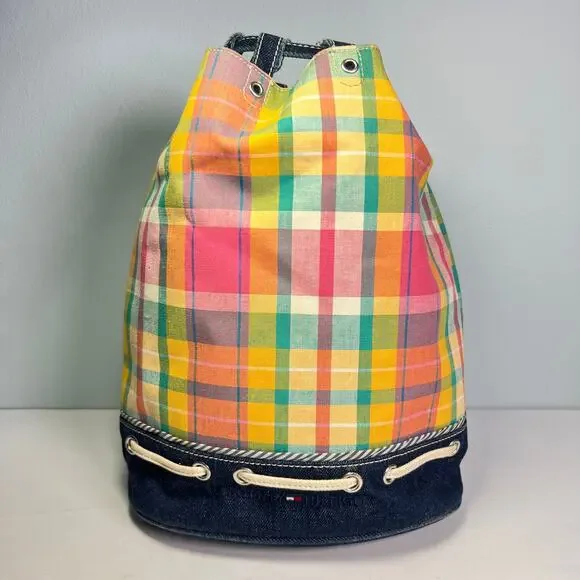 Vintage Y2K Tommy Hilfiger Denim Plaid Bucket Bag Shoulder Purse Plaid Preppy
