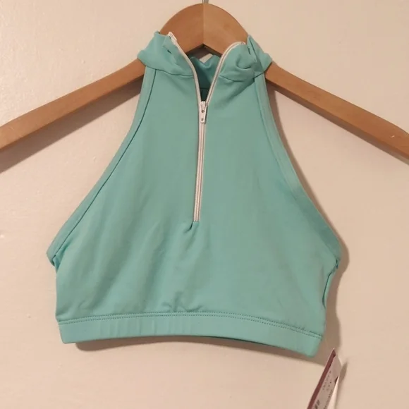 New Motionwear Zip Halter Dance Cheer Yoga Bra Top - Teal Sea Green Aqua size XS