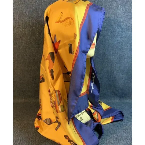 Salvatore Ferragamo 100% Silk Shoe Print Scarf READ Blue Gold Red 34” Square VTG