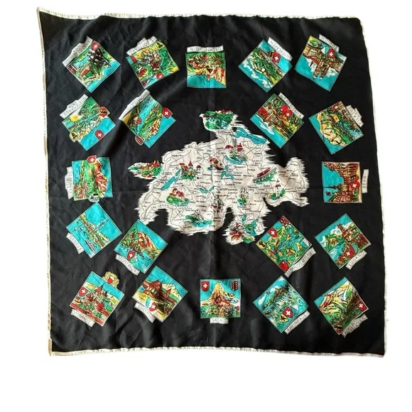 Vintage MCM Black Switzerland‎ Map Scarf 26” Square