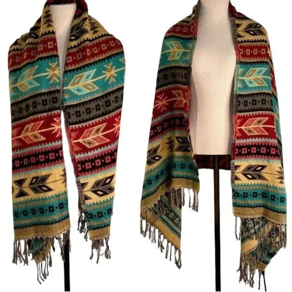 Southwestern‎ Vintage Yarn Woven Sweater Shawl Scarf Colorful Bohemian Fringe