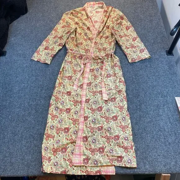 Vintage Boudoir Bebe Womens XL Pink Cream Red Floral Sleepwear Long Cotton Robe