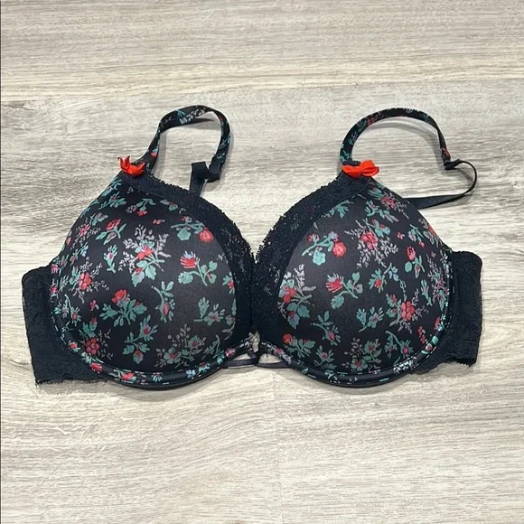 Women's Aerie Floral Black Emma Bra with Red and Green Accents