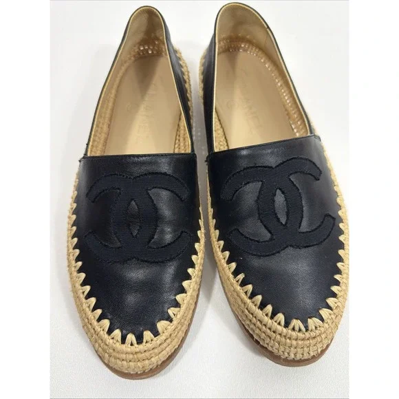 Chanel Black Leather CC Raffia‎ Espadrille Flats Size EU 36 US 6