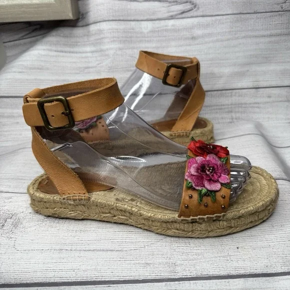 Soludos x Anthropologie Bahia Brown Leather Floral Espadrille‎ Sandals Size 6.5