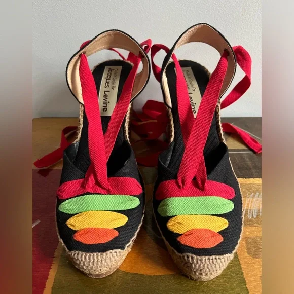 NEW Jacques Levine Ankle Wrap Black Espadrille Sandals. Size 7.