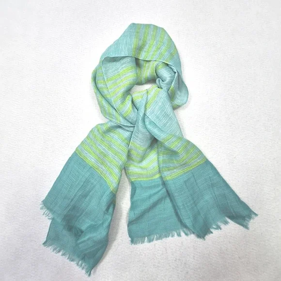 J Jill Scarf Womens One Size Teal Green Striped Linen Cotton Lightweight Wrap
