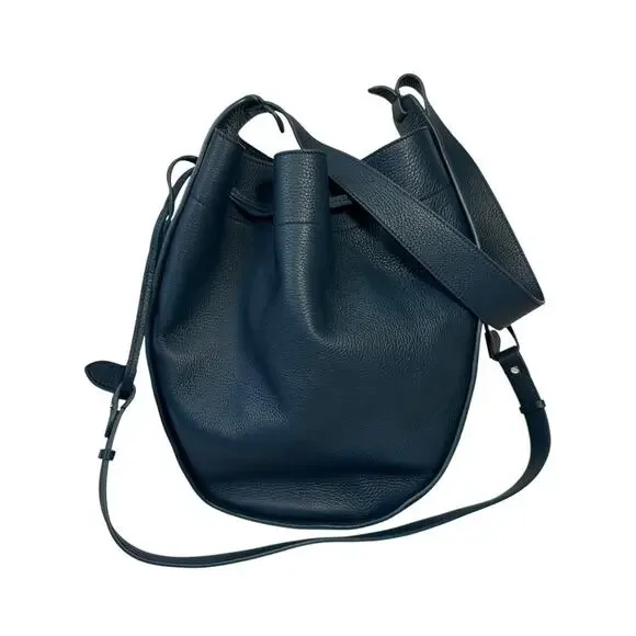 The Row XL Drawstring Hobo Shoulder Bag Marine Blue Pebbled Leather Bucket Bag