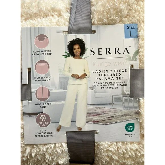 New Serra White Ivory Cream Set L Long Sleeve Top Wide Leg Pant Fuzzy Cozy PJ