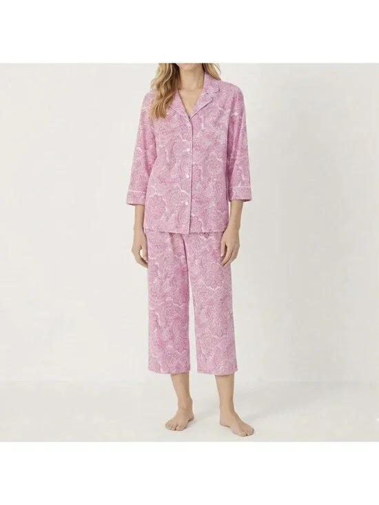 L Ralph Lauren Pajama Set Crop Women’s M Cotton Pink Paisley Cottagecore Preppy