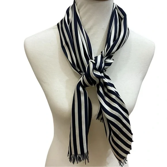 Saks Fifth Ave Pure Silk Navy Ivory Striped Scarf Fringe Classic
