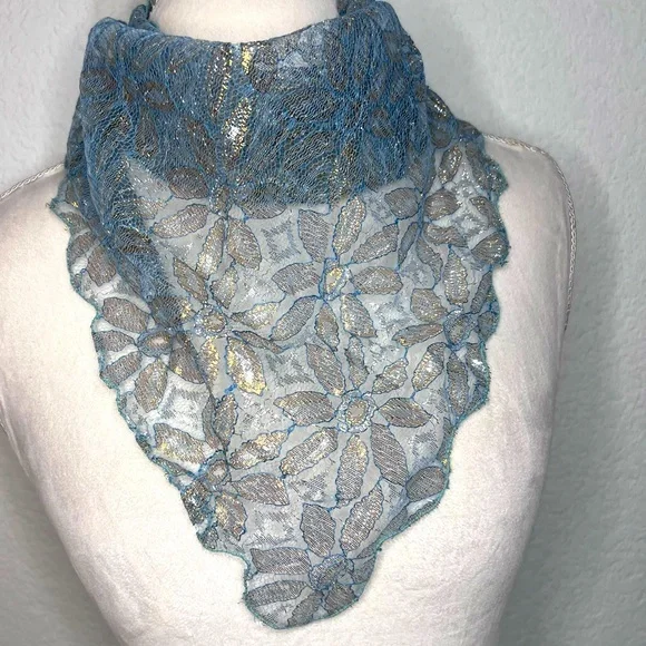 Vintage Blue Silver & Gold Lace Scalloped Edge Kerchief Scarf Ascot Unisex